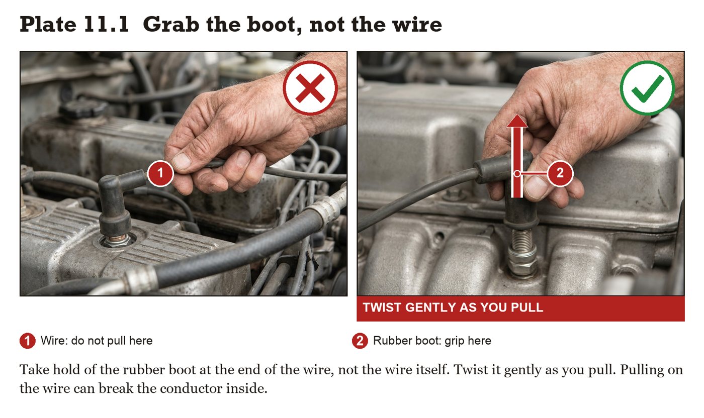 Plate 11.1 from the manual: grab the boot, not the wire